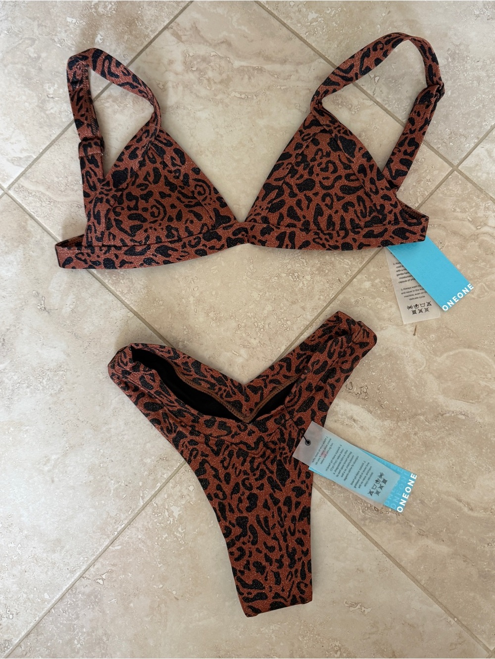 ONEONE Swimwear Kameron top and Jesse bottom in Feline print